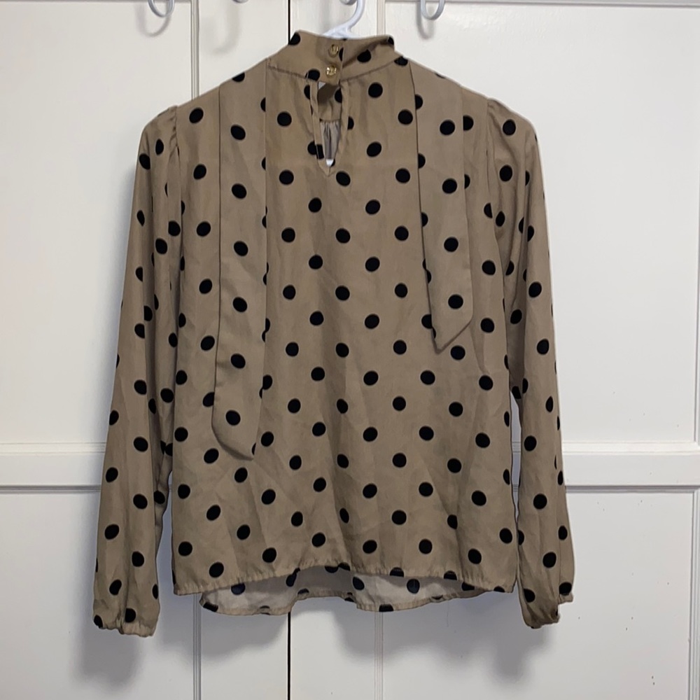 Cure Small Tan Black Polka Dot long Sleeve Blouse